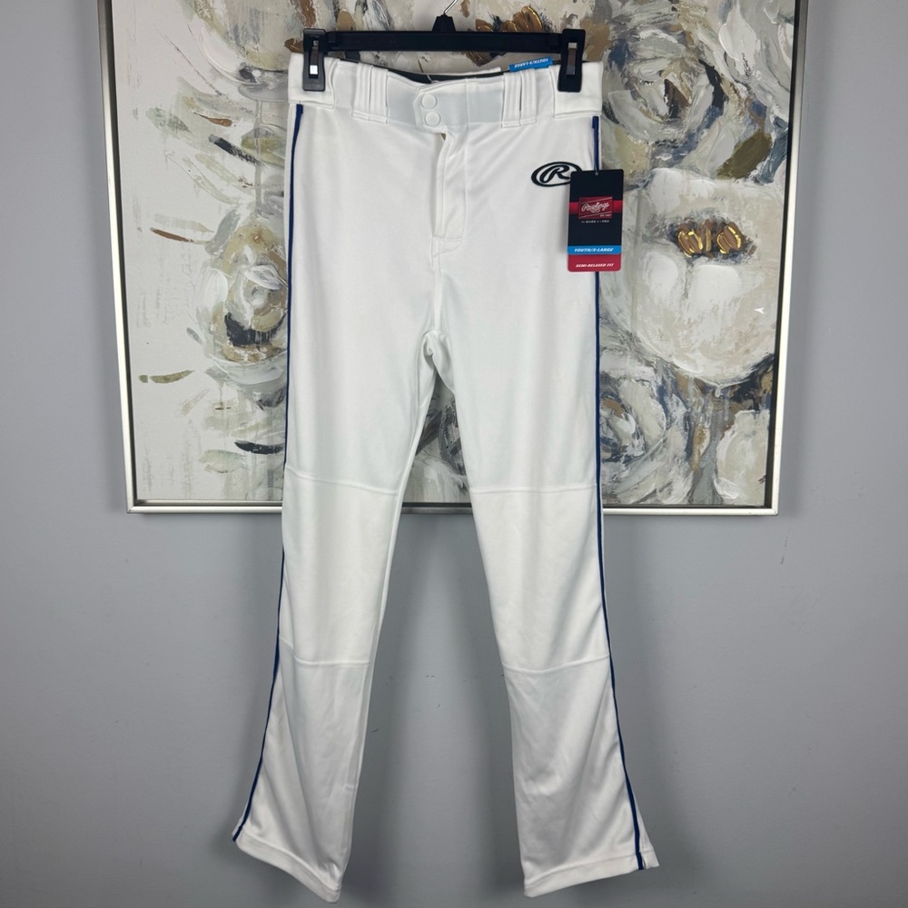 Rawlings Youth XL Baseball Pants – White with Blue Piping – Semi-Relaxed Fit